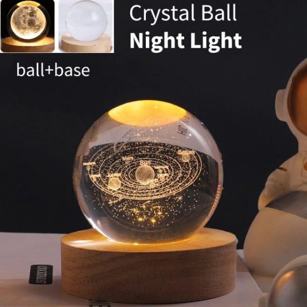 3d Galaxy Solar System Crystal Ball Night Light With Wooden Base For Boys And Girls (random Designs
