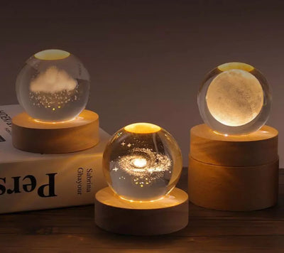 3d Galaxy Solar System Crystal Ball Night Light With Wooden Base For Boys And Girls (random Designs