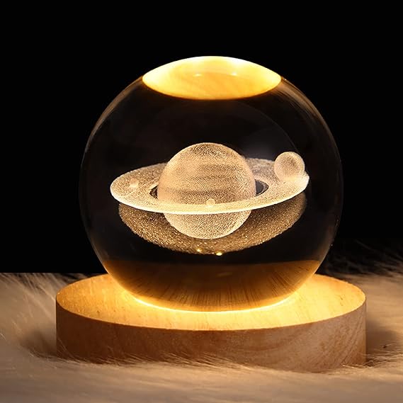 3d Galaxy Solar System Crystal Ball Night Light With Wooden Base For Boys And Girls (random Designs