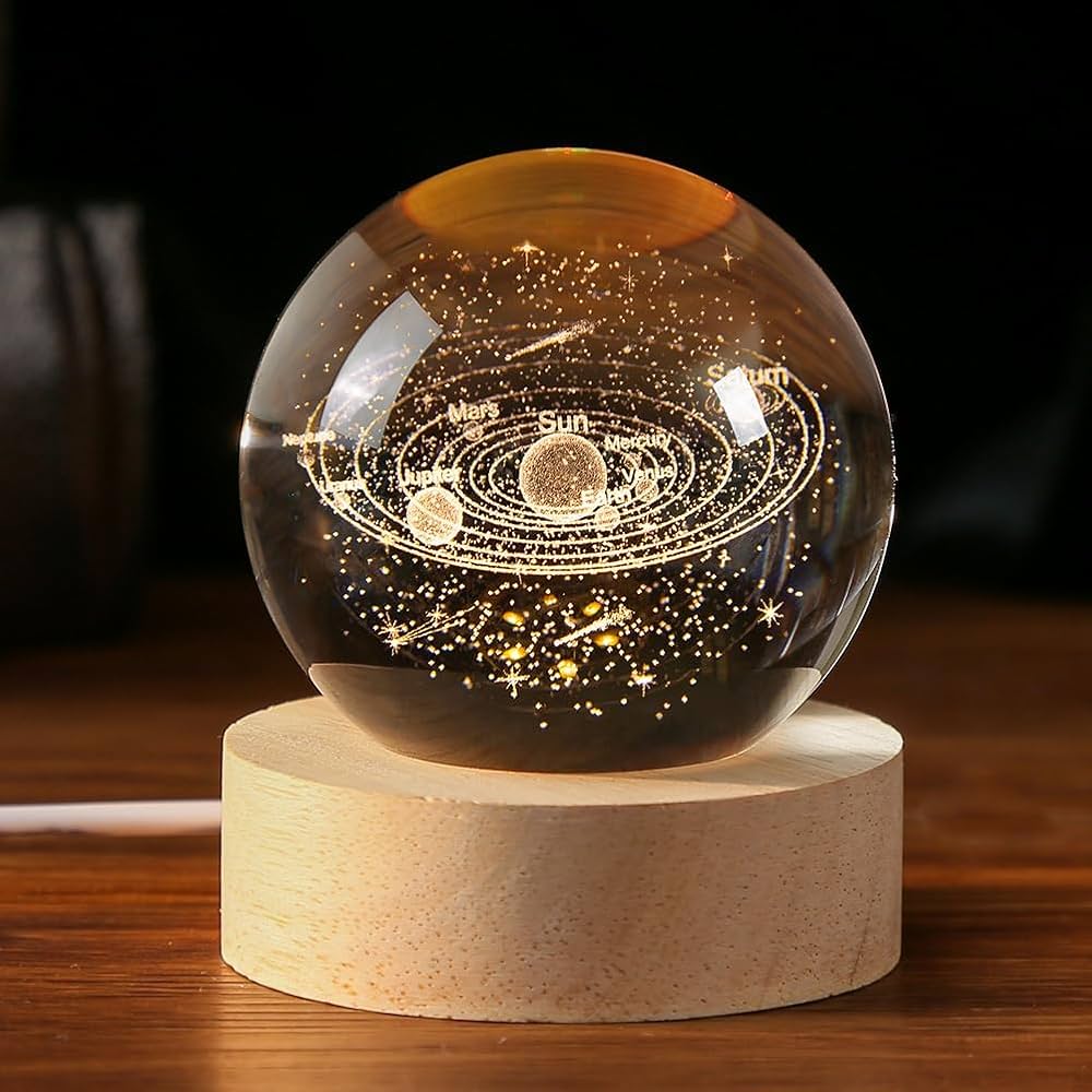 3d Galaxy Solar System Crystal Ball Night Light With Wooden Base For Boys And Girls (random Designs